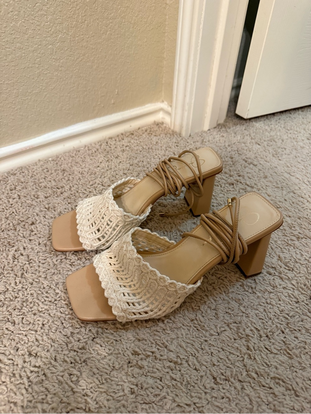 Jessica Simpson Cream Crochet Lace-Up Block Heel Sandals